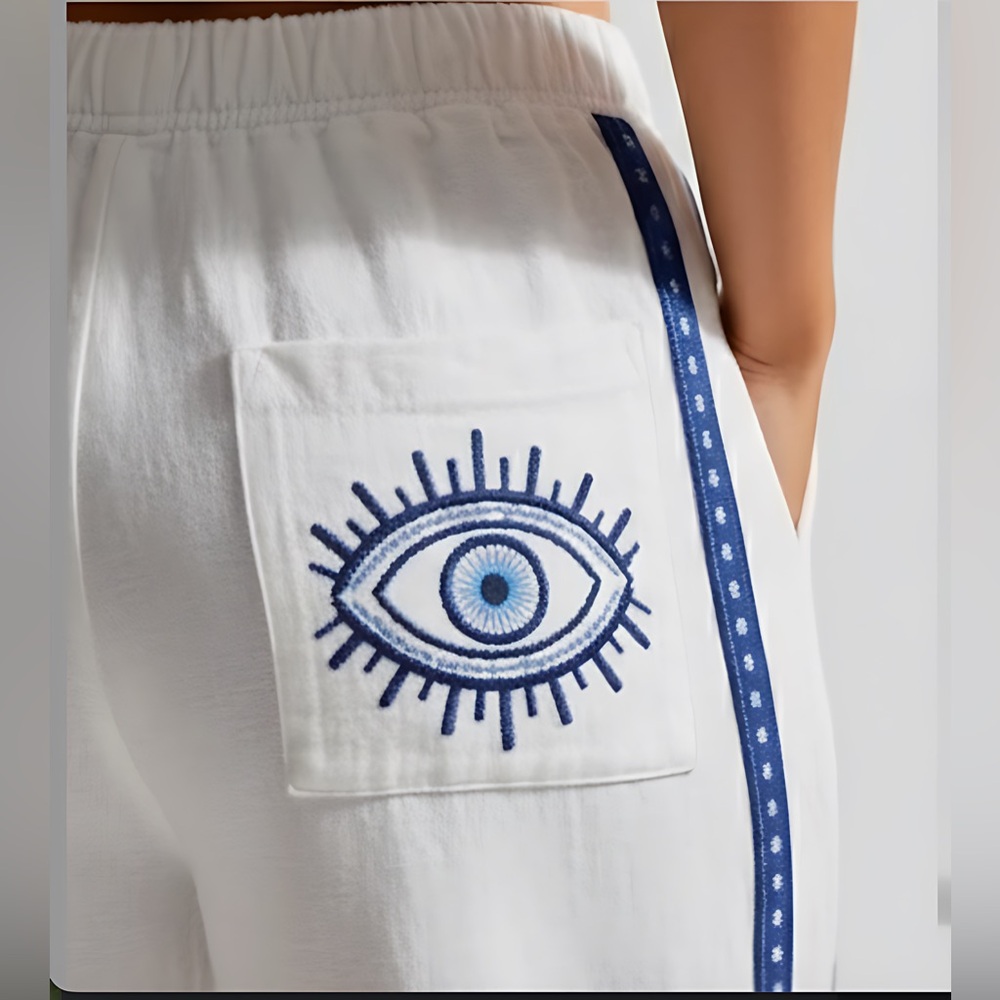 Embroidered Pocket Eye Pattern Cotton Wide Leg Pant - Picture 4 of 14